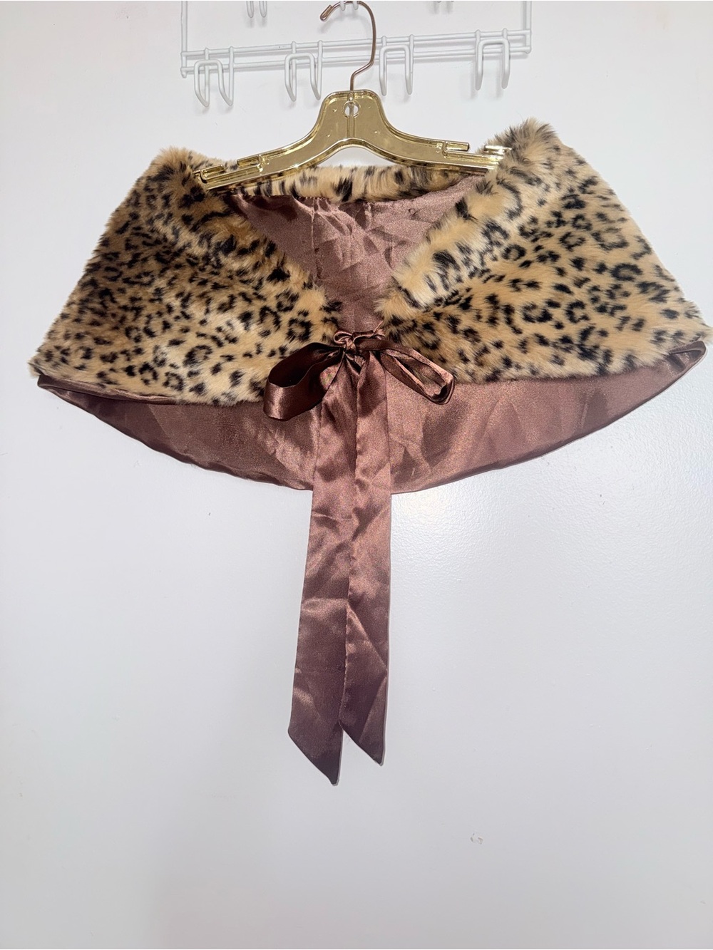 Faux Leopard Print Fur Capelet with Brown Satin Tie